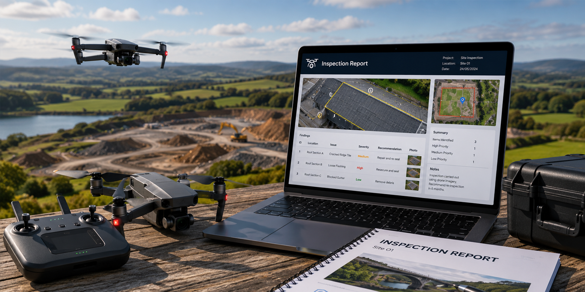 Inspection Reports — professional drone survey report displayed on a laptop